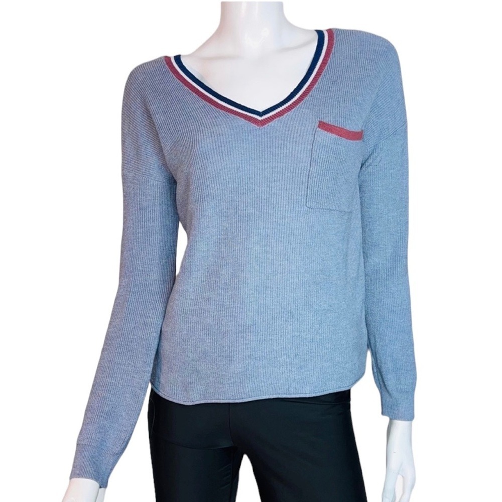 Hippie Rose V-Neck Blue with Brown White‎ Striped Sweater
